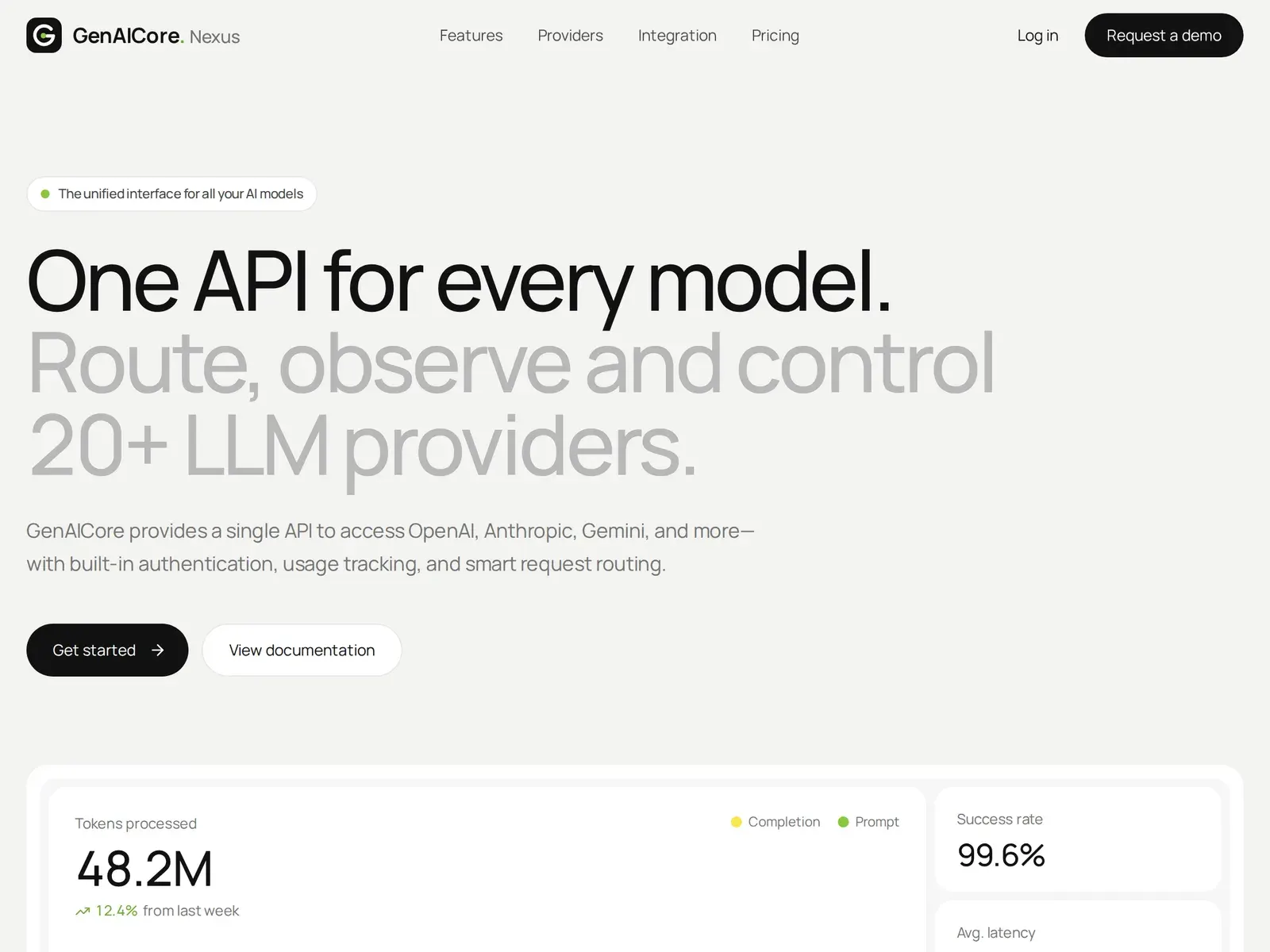 GenAICore Nexus homepage: the headline “One API for every model” above a usage dashboard card