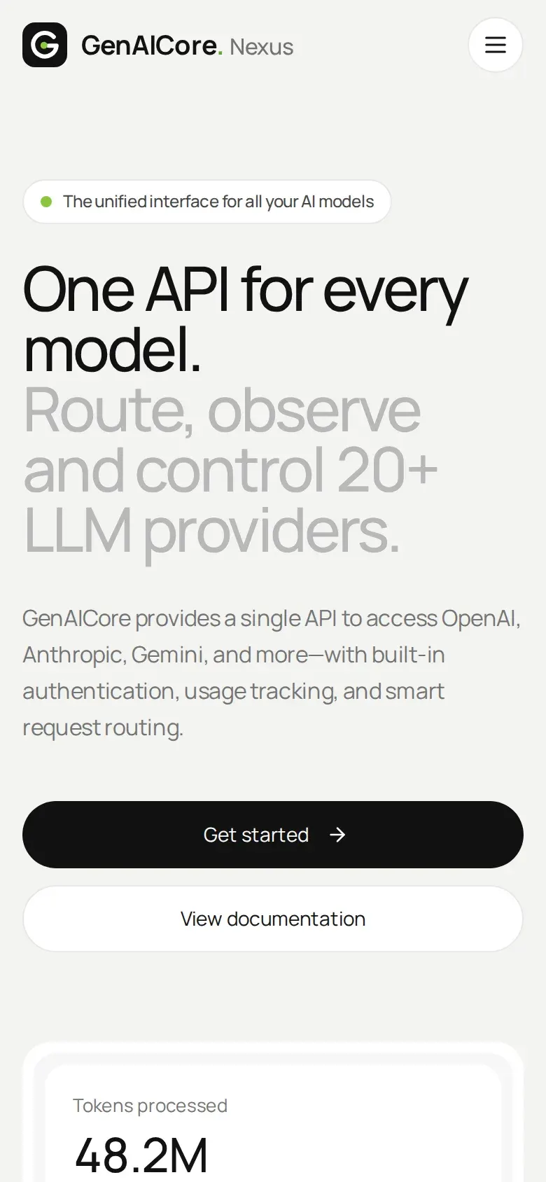 GenAICore Nexus homepage on a phone