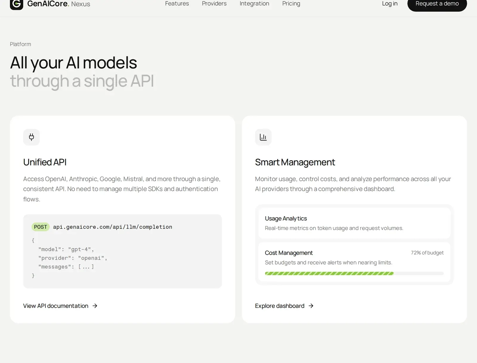 Platform section: Unified API card with a sample completion request beside a Smart Management card with usage analytics and cost budgets