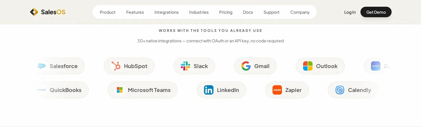 Integrations band: Salesforce, HubSpot, Slack, Gmail, Outlook, Zoom, QuickBooks, Microsoft Teams, LinkedIn, Zapier and Calendly