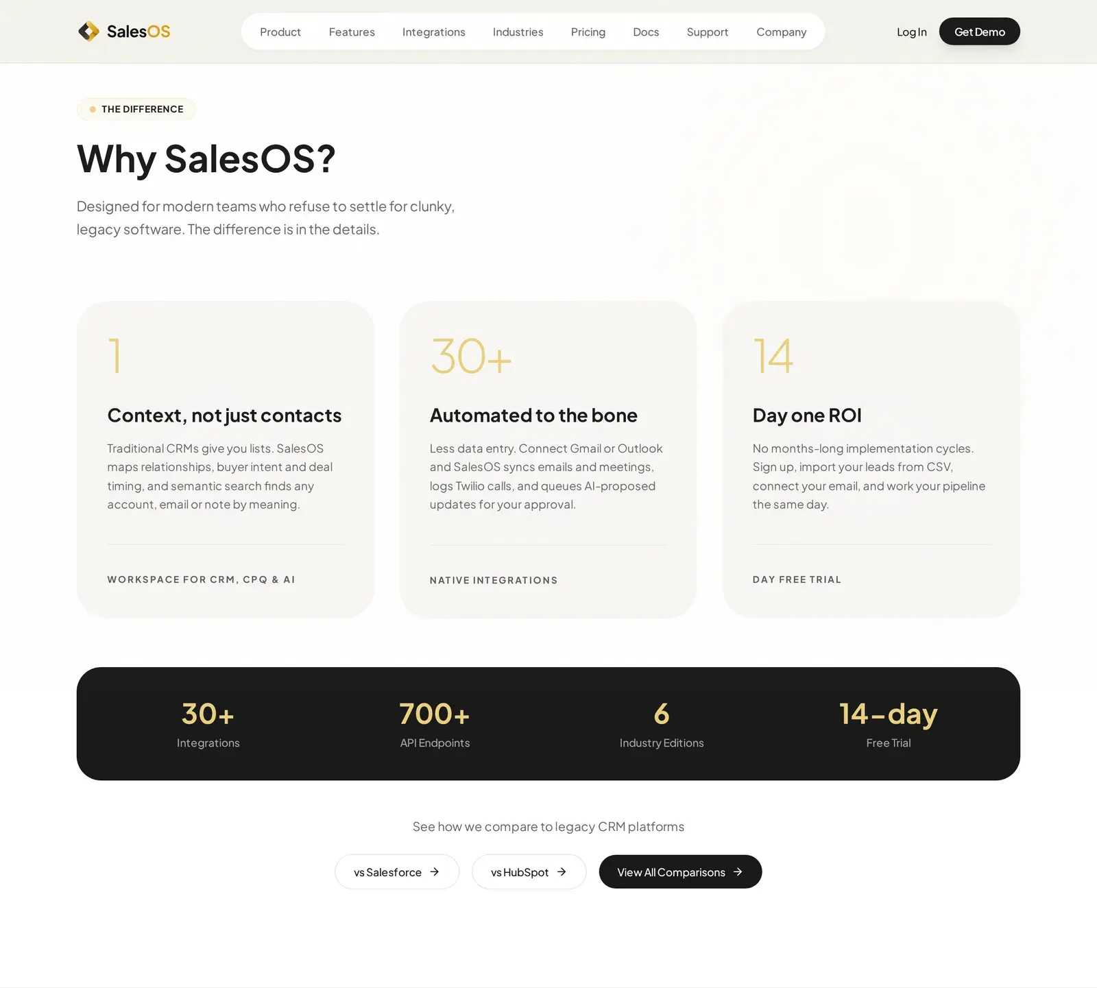 “Why SalesOS?” section with three differentiators and a dark band of product facts
